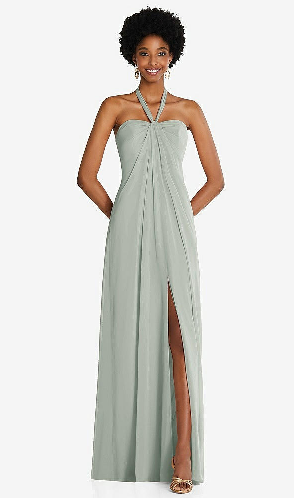 Front View - Willow Green Draped Chiffon Grecian Column Gown with Convertible Straps