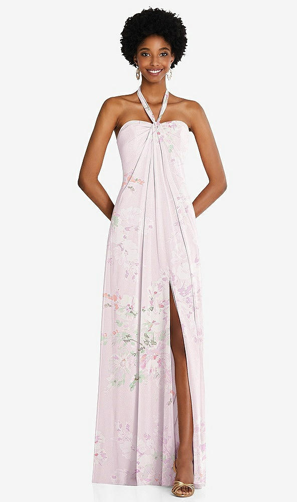 Front View - Watercolor Print Draped Chiffon Grecian Column Gown with Convertible Straps