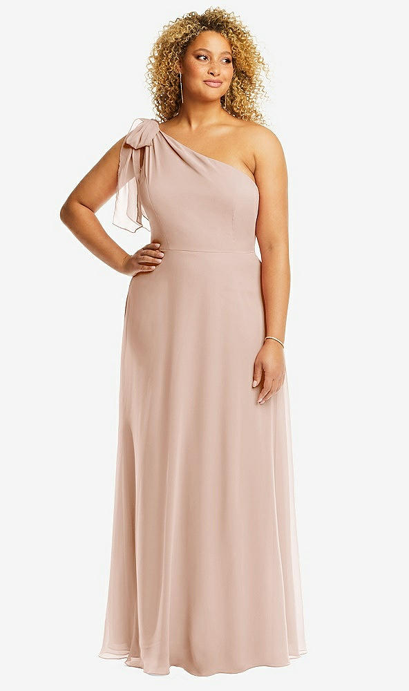 Front View - Cameo Draped One-Shoulder Maxi Dress with Scarf Bow