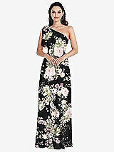 Alt View 1 Thumbnail - Noir Garden Draped One-Shoulder Maxi Dress with Scarf Bow