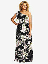 Front View Thumbnail - Noir Garden Draped One-Shoulder Maxi Dress with Scarf Bow
