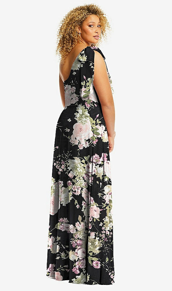 Back View - Noir Garden Draped One-Shoulder Maxi Dress with Scarf Bow