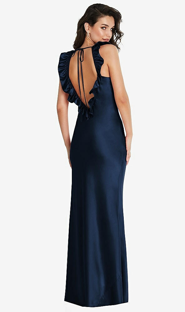 Front View - Midnight Navy Ruffle Trimmed Open-Back Maxi Slip Dress