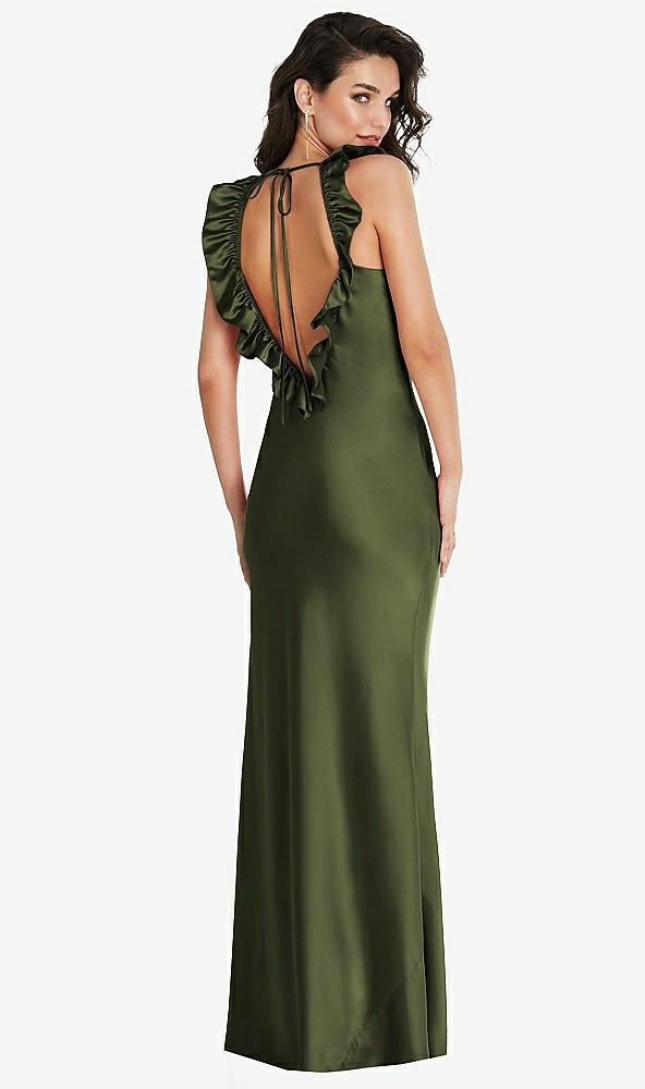Front View - Olive Green Ruffle Trimmed Open-Back Maxi Slip Dress
