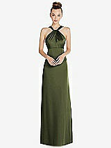 Front View Thumbnail - Olive Green Draped Twist Halter Low-Back Satin Empire Dress