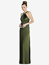 Side View Thumbnail - Olive Green Draped Twist Halter Low-Back Satin Empire Dress