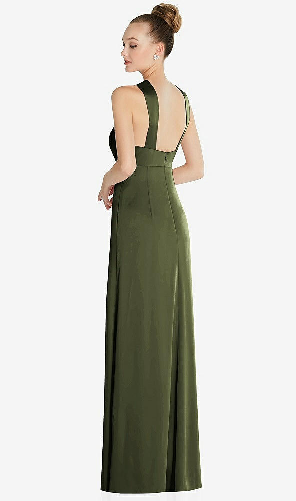 Back View - Olive Green Draped Twist Halter Low-Back Satin Empire Dress