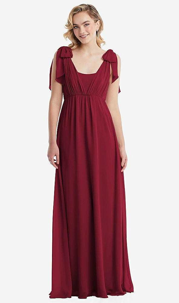 Front View - Burgundy Empire Waist Shirred Skirt Convertible Sash Tie Maxi Dress