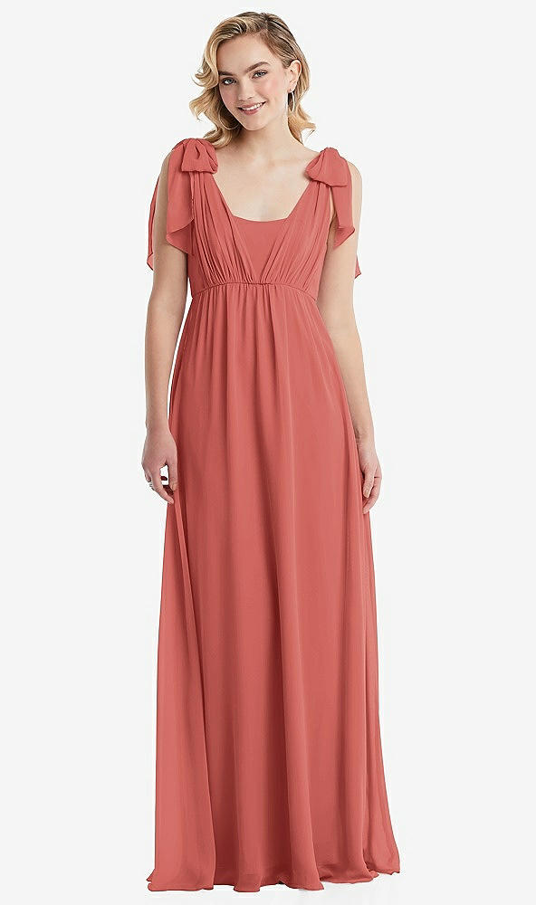Front View - Coral Pink Empire Waist Shirred Skirt Convertible Sash Tie Maxi Dress