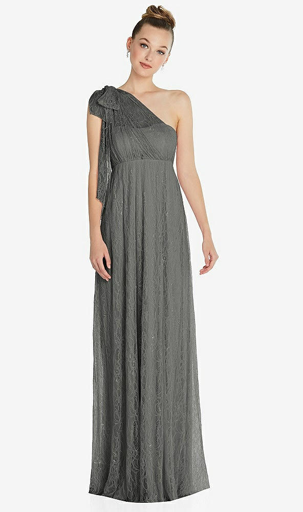Front View - Charcoal Gray Empire Waist Convertible Sash Tie Lace Maxi Dress