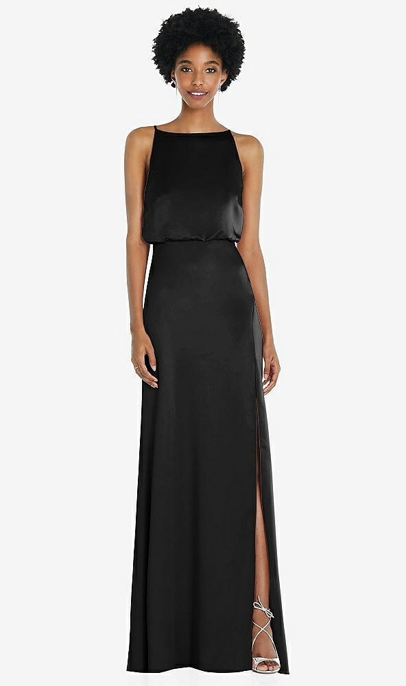 Back View - Black High-Neck Low Tie-Back Maxi Dress with Adjustable Straps