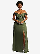 Front View Thumbnail - Olive Green Off-the-Shoulder Flounce Sleeve Empire Waist Gown with Front Slit