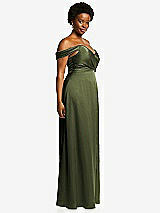Side View Thumbnail - Olive Green Off-the-Shoulder Flounce Sleeve Empire Waist Gown with Front Slit