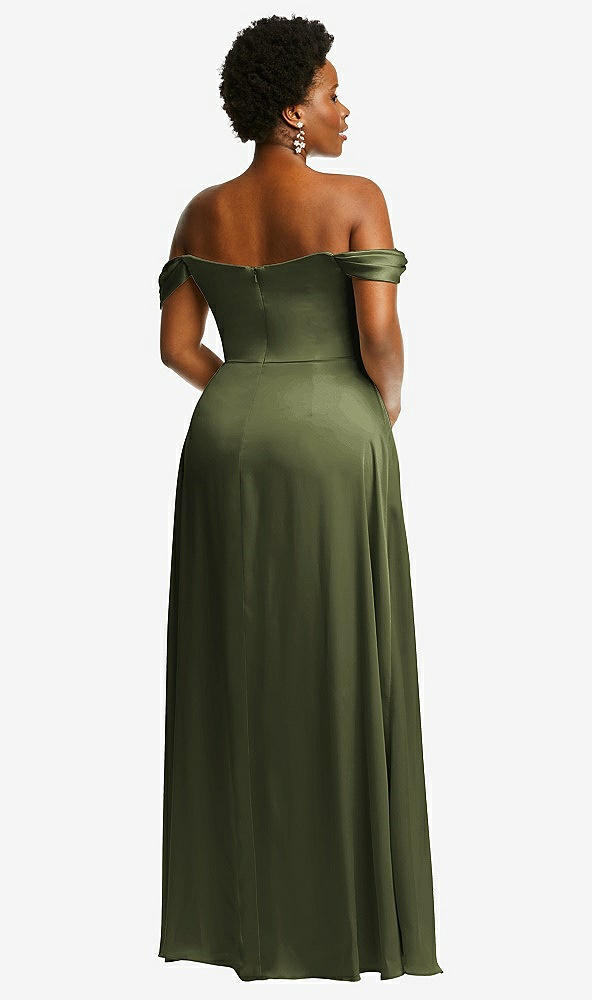 Back View - Olive Green Off-the-Shoulder Flounce Sleeve Empire Waist Gown with Front Slit