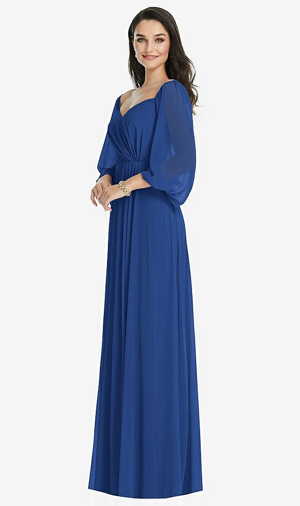 Front View - Classic Blue Off-the-Shoulder Puff Sleeve Maxi Dress with Front Slit