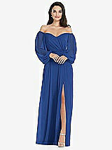 Side View Thumbnail - Classic Blue Off-the-Shoulder Puff Sleeve Maxi Dress with Front Slit