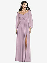 Alt View 1 Thumbnail - Suede Rose Off-the-Shoulder Puff Sleeve Maxi Dress with Front Slit