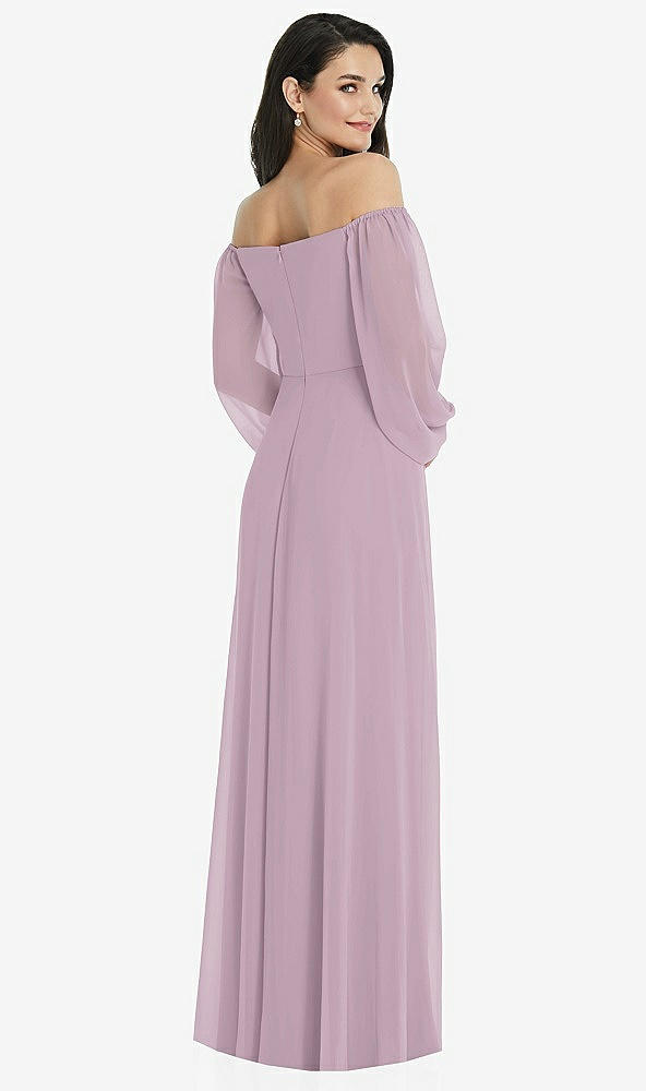 Back View - Suede Rose Off-the-Shoulder Puff Sleeve Maxi Dress with Front Slit