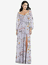 Alt View 1 Thumbnail - Butterfly Botanica Silver Dove Off-the-Shoulder Puff Sleeve Maxi Dress with Front Slit