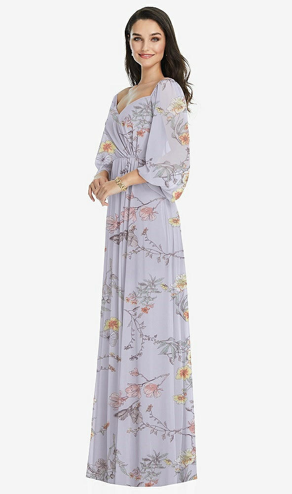 Front View - Butterfly Botanica Silver Dove Off-the-Shoulder Puff Sleeve Maxi Dress with Front Slit