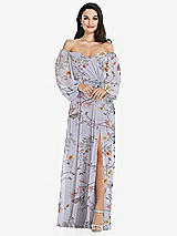 Side View Thumbnail - Butterfly Botanica Silver Dove Off-the-Shoulder Puff Sleeve Maxi Dress with Front Slit
