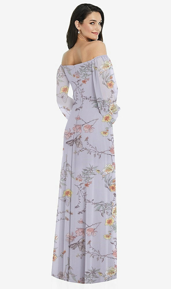 Back View - Butterfly Botanica Silver Dove Off-the-Shoulder Puff Sleeve Maxi Dress with Front Slit