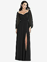 Alt View 1 Thumbnail - Black Off-the-Shoulder Puff Sleeve Maxi Dress with Front Slit