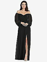 Side View Thumbnail - Black Off-the-Shoulder Puff Sleeve Maxi Dress with Front Slit