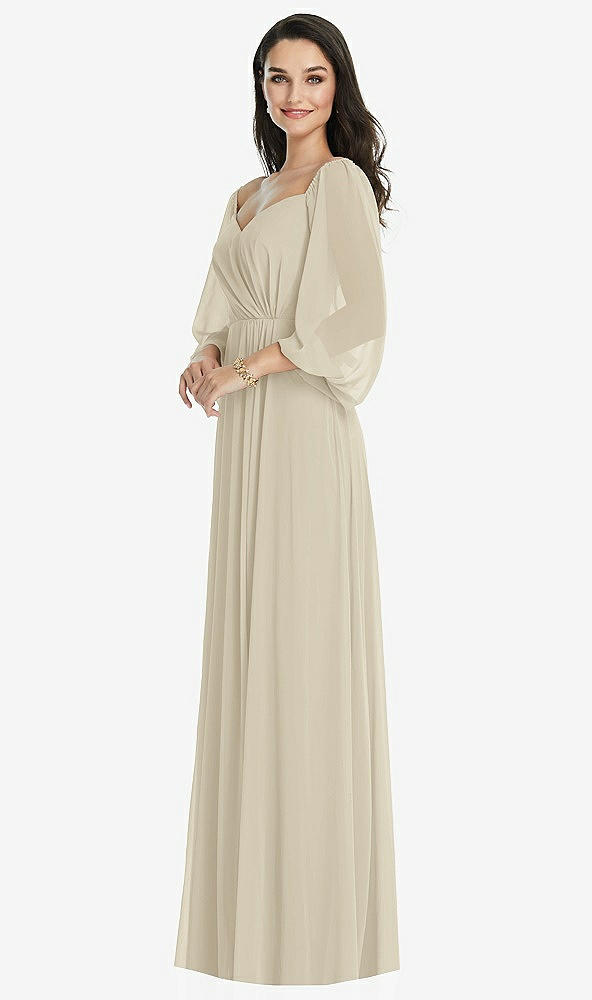 Front View - Champagne Off-the-Shoulder Puff Sleeve Maxi Dress with Front Slit