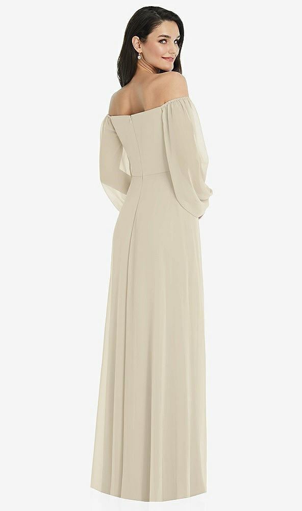 Back View - Champagne Off-the-Shoulder Puff Sleeve Maxi Dress with Front Slit
