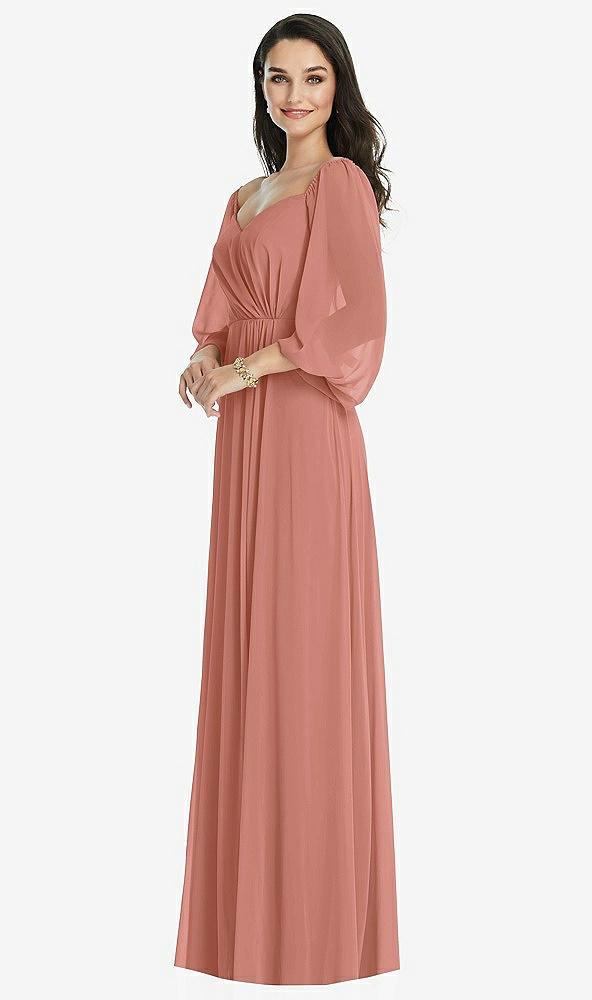 Front View - Desert Rose Off-the-Shoulder Puff Sleeve Maxi Dress with Front Slit