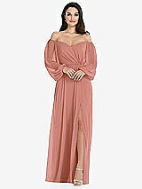 Side View Thumbnail - Desert Rose Off-the-Shoulder Puff Sleeve Maxi Dress with Front Slit