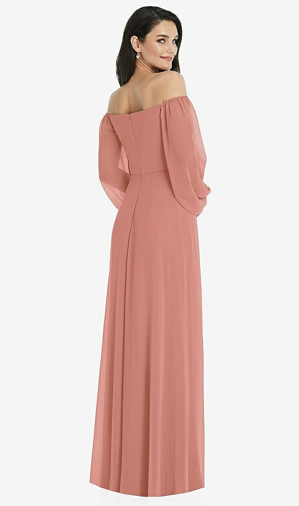 Back View - Desert Rose Off-the-Shoulder Puff Sleeve Maxi Dress with Front Slit