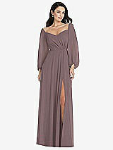 Alt View 1 Thumbnail - French Truffle Off-the-Shoulder Puff Sleeve Maxi Dress with Front Slit