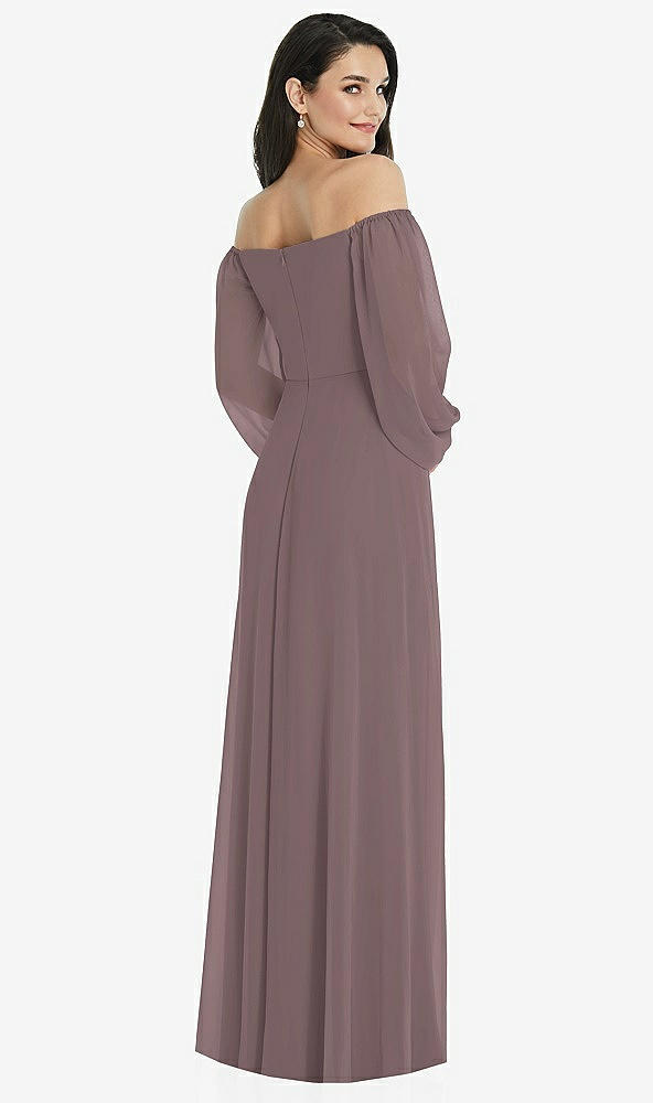 Back View - French Truffle Off-the-Shoulder Puff Sleeve Maxi Dress with Front Slit