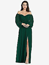 Side View Thumbnail - Hunter Green Off-the-Shoulder Puff Sleeve Maxi Dress with Front Slit