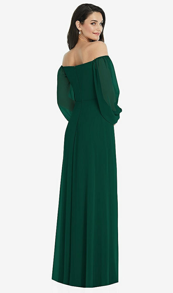 Back View - Hunter Green Off-the-Shoulder Puff Sleeve Maxi Dress with Front Slit