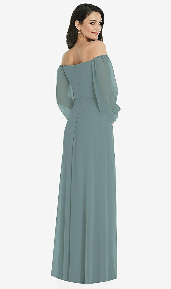 Back View - Icelandic Off-the-Shoulder Puff Sleeve Maxi Dress with Front Slit