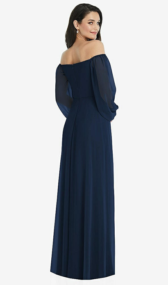 Back View - Midnight Navy Off-the-Shoulder Puff Sleeve Maxi Dress with Front Slit