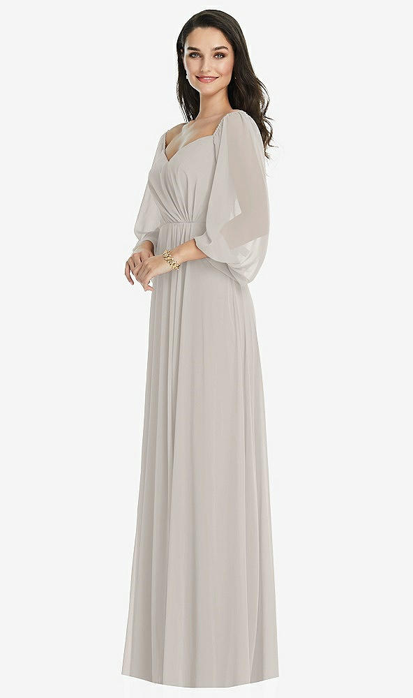 Front View - Oyster Off-the-Shoulder Puff Sleeve Maxi Dress with Front Slit