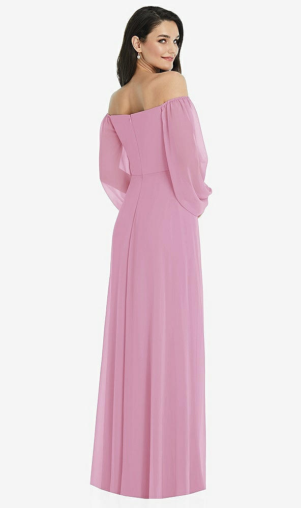 Back View - Powder Pink Off-the-Shoulder Puff Sleeve Maxi Dress with Front Slit