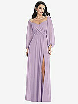 Alt View 1 Thumbnail - Pale Purple Off-the-Shoulder Puff Sleeve Maxi Dress with Front Slit