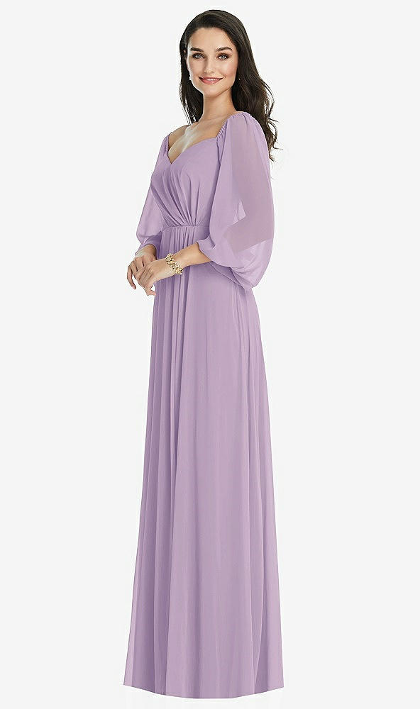 Front View - Pale Purple Off-the-Shoulder Puff Sleeve Maxi Dress with Front Slit