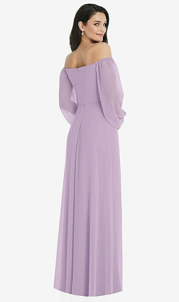 Back View - Pale Purple Off-the-Shoulder Puff Sleeve Maxi Dress with Front Slit