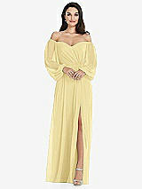 Side View Thumbnail - Pale Yellow Off-the-Shoulder Puff Sleeve Maxi Dress with Front Slit