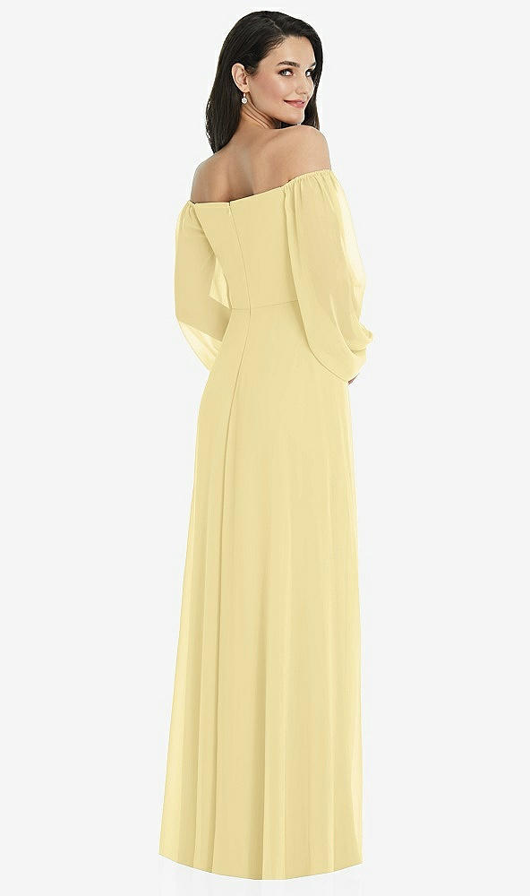 Back View - Pale Yellow Off-the-Shoulder Puff Sleeve Maxi Dress with Front Slit