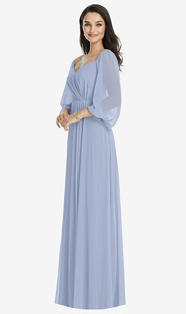 Front View - Sky Blue Off-the-Shoulder Puff Sleeve Maxi Dress with Front Slit