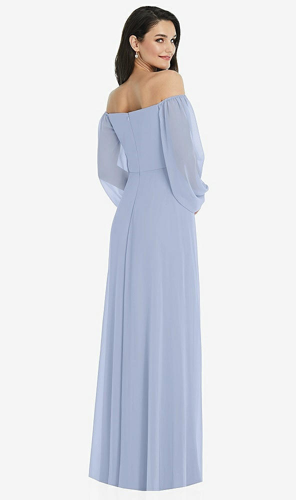Back View - Sky Blue Off-the-Shoulder Puff Sleeve Maxi Dress with Front Slit