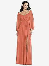 Alt View 1 Thumbnail - Terracotta Copper Off-the-Shoulder Puff Sleeve Maxi Dress with Front Slit