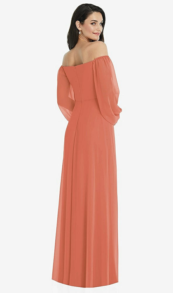 Back View - Terracotta Copper Off-the-Shoulder Puff Sleeve Maxi Dress with Front Slit